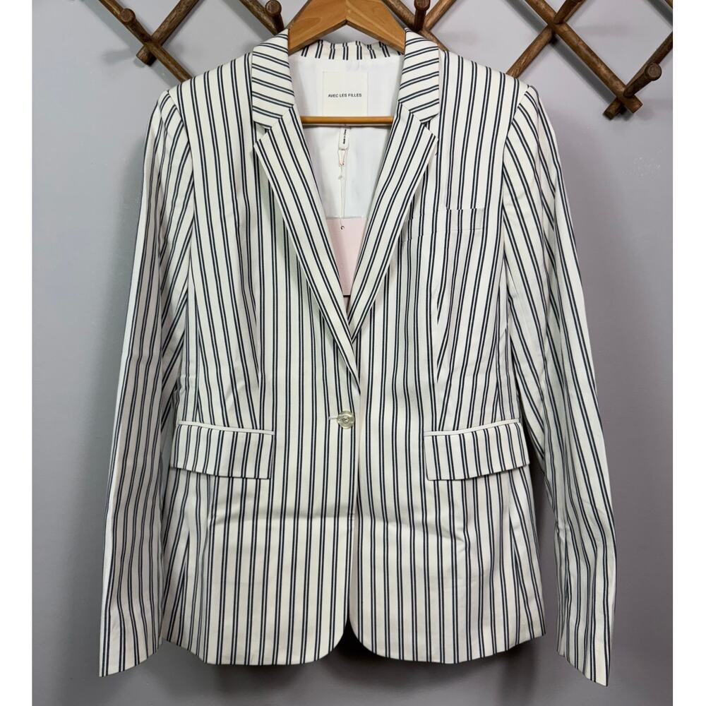 New Avec Les Filles Boyfriend Blazer Striped White /Black Women's Size M
